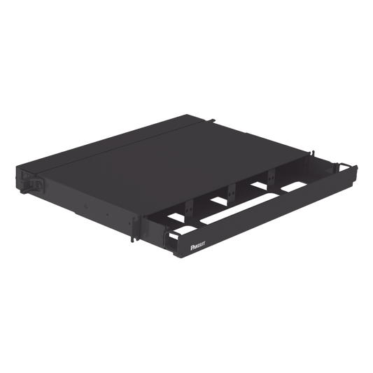 Panel de Distribución de Fibra Óptica, Acepta 4 Placas FAP o FMP, Bandeja Deslizable, Hasta 96 Fibras, Color Negro, 1UR