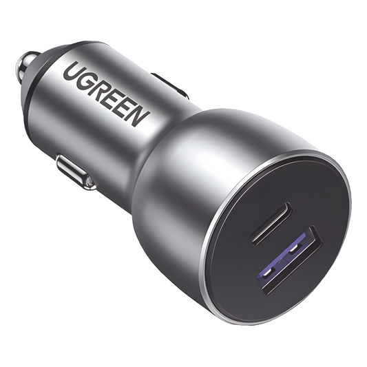 Cargador de Auto 52.5W | Puerto USB-A y USB-C | Carga Rápida | Compatible con Vehículos de 12 y 24 VCD | PD3.0 + QC3.0 | Chip Inteligente | Diseño Compacto Mayor Eficiencia Energética | Caja de Aluminio
