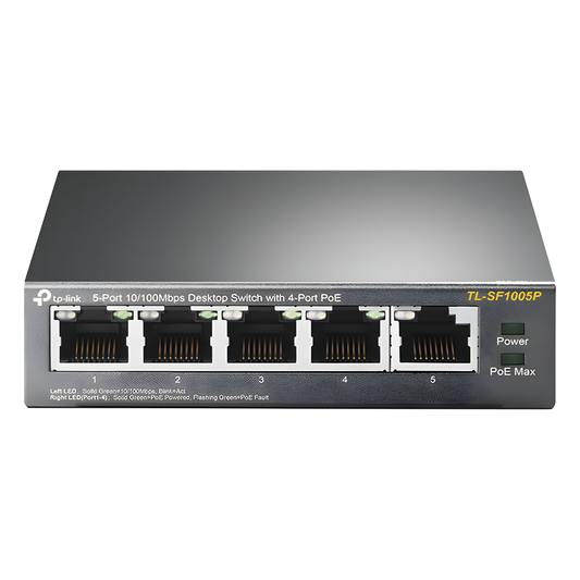 Switch PoE no Administrable de escritorio / 5 puertos 10/100 Mbps / 4 puertos PoE af/at / Presupuesto 67 W / Modo Extensor hasta 250 m / Calidad video prioritaria