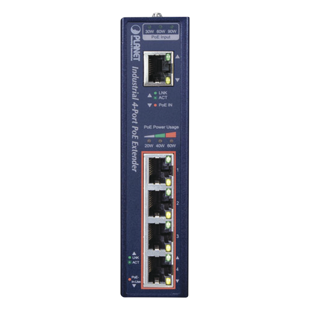 Extensor Industrial PoE, Entrada PoE 802.3 bt  y 4 Puertos de Salida Gigabit 802.3 af/at