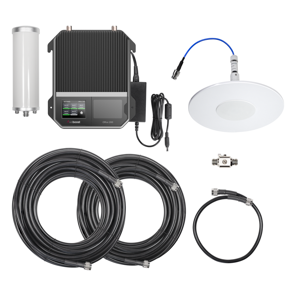 Kit Amplificador Office 200 para 2G, 3G y 4G / Mejora llamadas convencionales y VoLTE / Amplifica señal de TELCEL, AT&T y MOVISTAR / Cubre hasta 400 m² con una antena y hasta 1600 m² con 4 antenas.