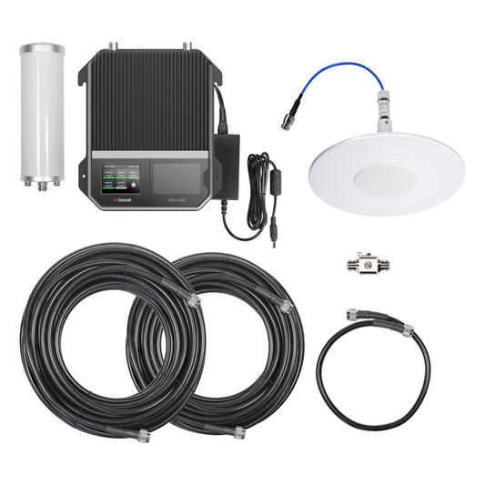 Kit Amplificador Office 200 para 2G, 3G y 4G / Mejora llamadas convencionales y VoLTE / Amplifica señal de TELCEL, AT&T y MOVISTAR / Cubre hasta 400 m² con una antena y hasta 1600 m² con 4 antenas.