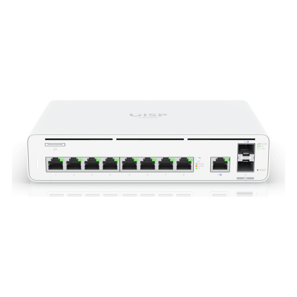 Consola UISP de Ubiquiti / Gateway y Switch de Red Gigabit / Controlador con Plataforma UISP para gestión remota de WISP (airMAX, airFiber, uFiber, LTU, edgeMAX, airCube) / 128 GB SSD / (1) WAN 1GbE / (1) WAN SFP+10G / (8) puertos LAN GbE RJ45