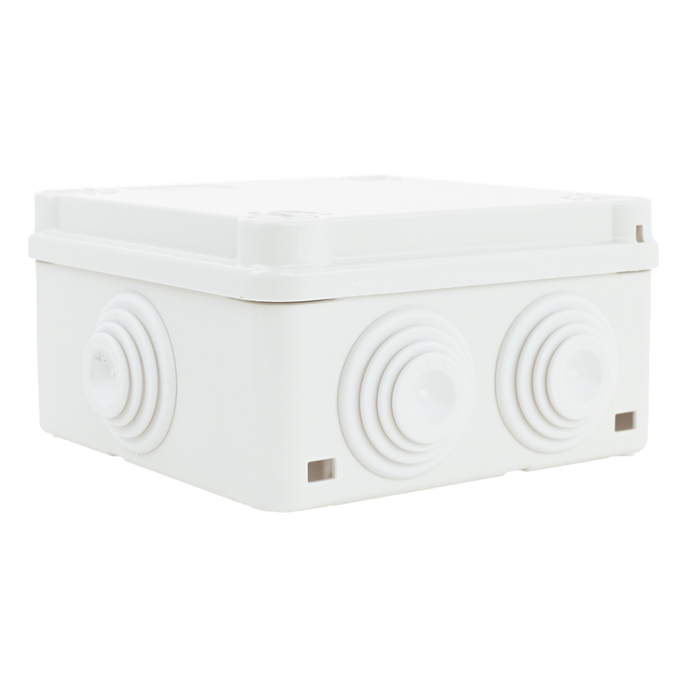 Caja Estanca de PVC Para Derivación y Conexión, 6 Entradas, Tapa con Tornillo de 1/4" de Vuelta, 100x100x50 mm (Área Interna), Uso Exterior IP55, Material que no Propaga el Fuego y Libre de Hálogenos