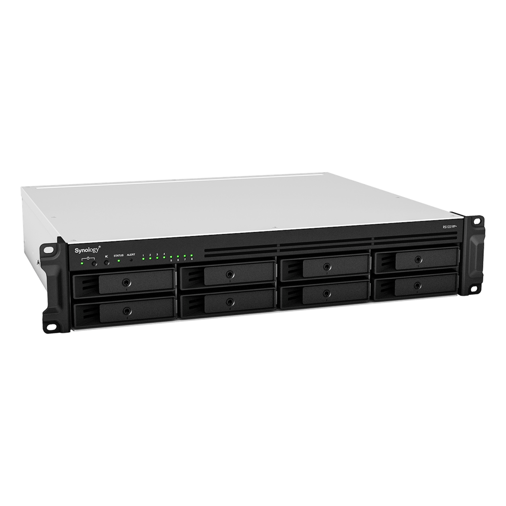 Servidor de Almacenamiento en Red Synology RackStation RS1221RP+ | 8 Bahías | Expandible a 12 Bahías | CPU AMD Ryzen V1500B | 4 GB DDR4 ECC | RAID Soportado | 10/25GbE | Virtualización Certificada | Protección de Datos Integral