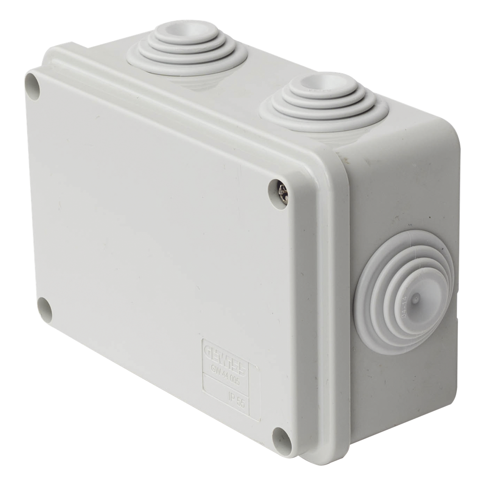 Caja Estanca de PVC Para Derivación y Conexión, 6 Entradas, Tapa Atornillada, 120x80x50 mm (Área interna), Uso Exterior IP55, Material que no Propaga el Fuego y Libre de Hálogenos