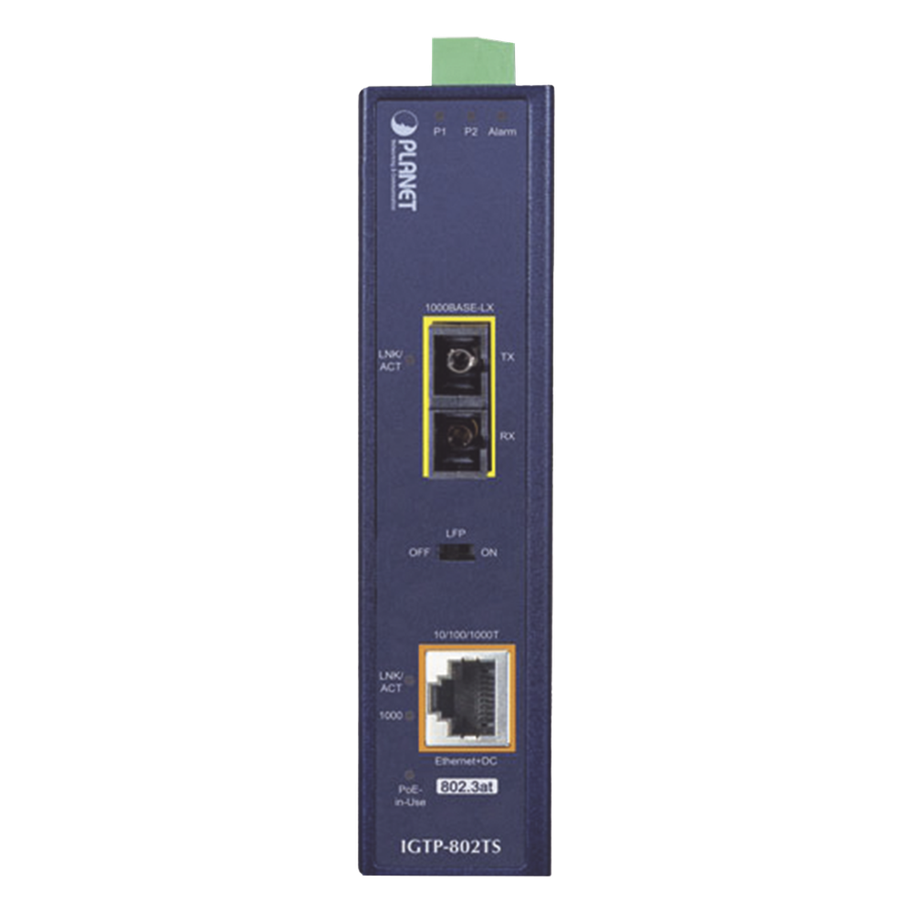 Convertidor de Medios Industrial PoE+ 1000BASE-LX a 10/100/1000BASE-T 802.3at (SC,SM) -20 km