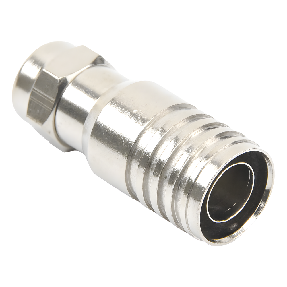 Conector F Macho en 75 Ohm, Plegable para Instalar en Cables Coaxiales RG-11, Cuerpo de Bronce-Niquelado/ Teflón.