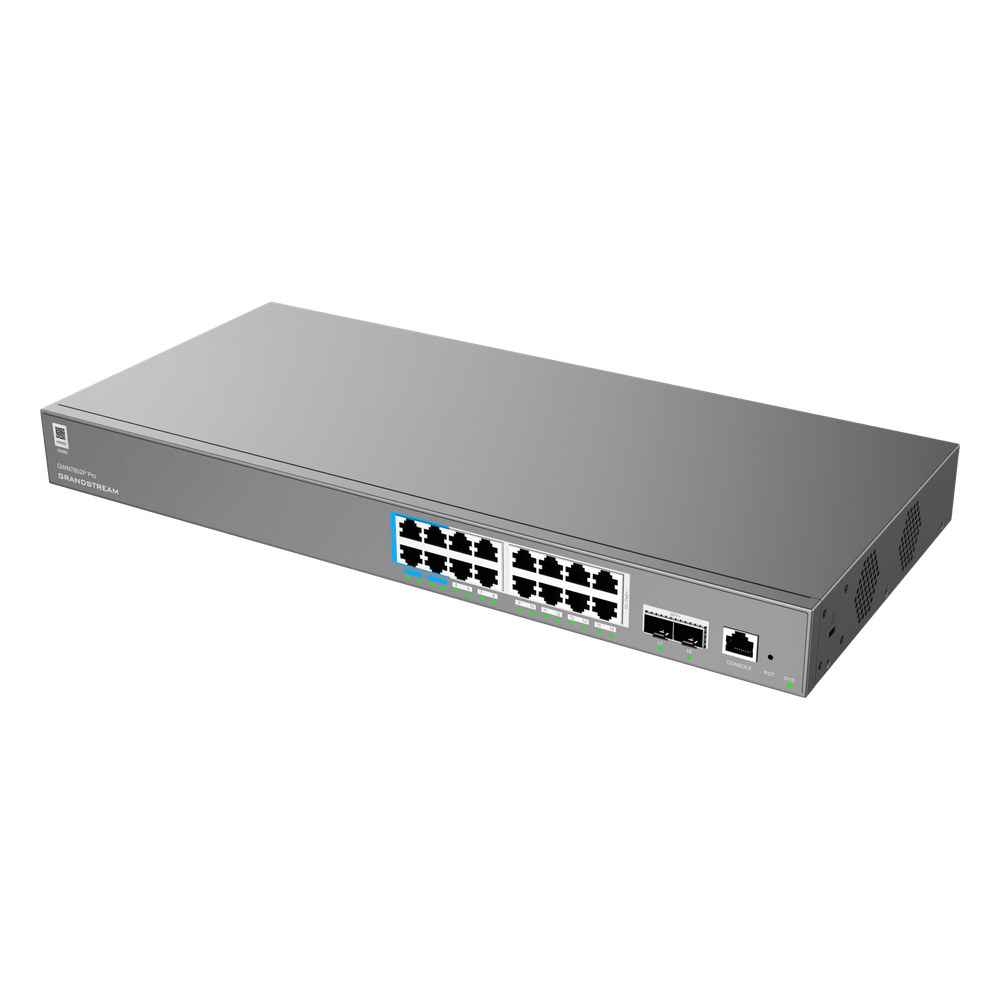 Switch de Red Empresarial L2++ / Serie GWN7800 Pro / 16 Puertos Gigabit PoE 250W / 2 Puertos SFP+ / Gestión Cloud GDMS / VLAN 4K / QoS Avanzado / Seguridad Integral