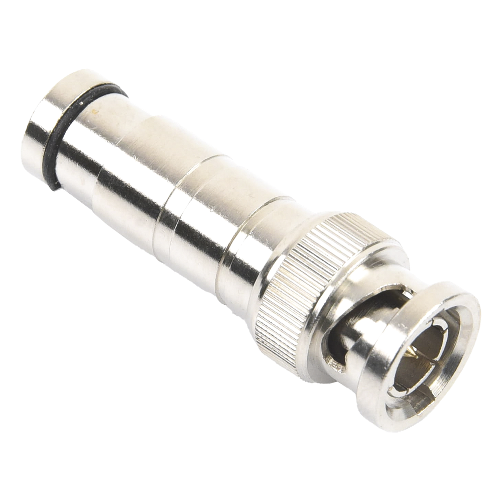Conector BNC Macho en 75 Ohm, de Compresión Axial para Cable Coaxial RG-59/U, Níquel/ Oro/ Politetrafluoroetileno.