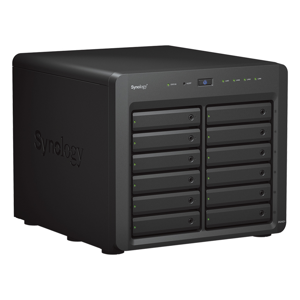 NAS Synology DiskStation DS2422+ | 12 Bahías | Expandible a 24 Bahías | Procesador AMD Ryzen Quad-Core | Hasta 32 GB DDR4 ECC | Caché NVMe SSD | Redes 10/25GbE | Compatible con Virtualización y Vigilancia.