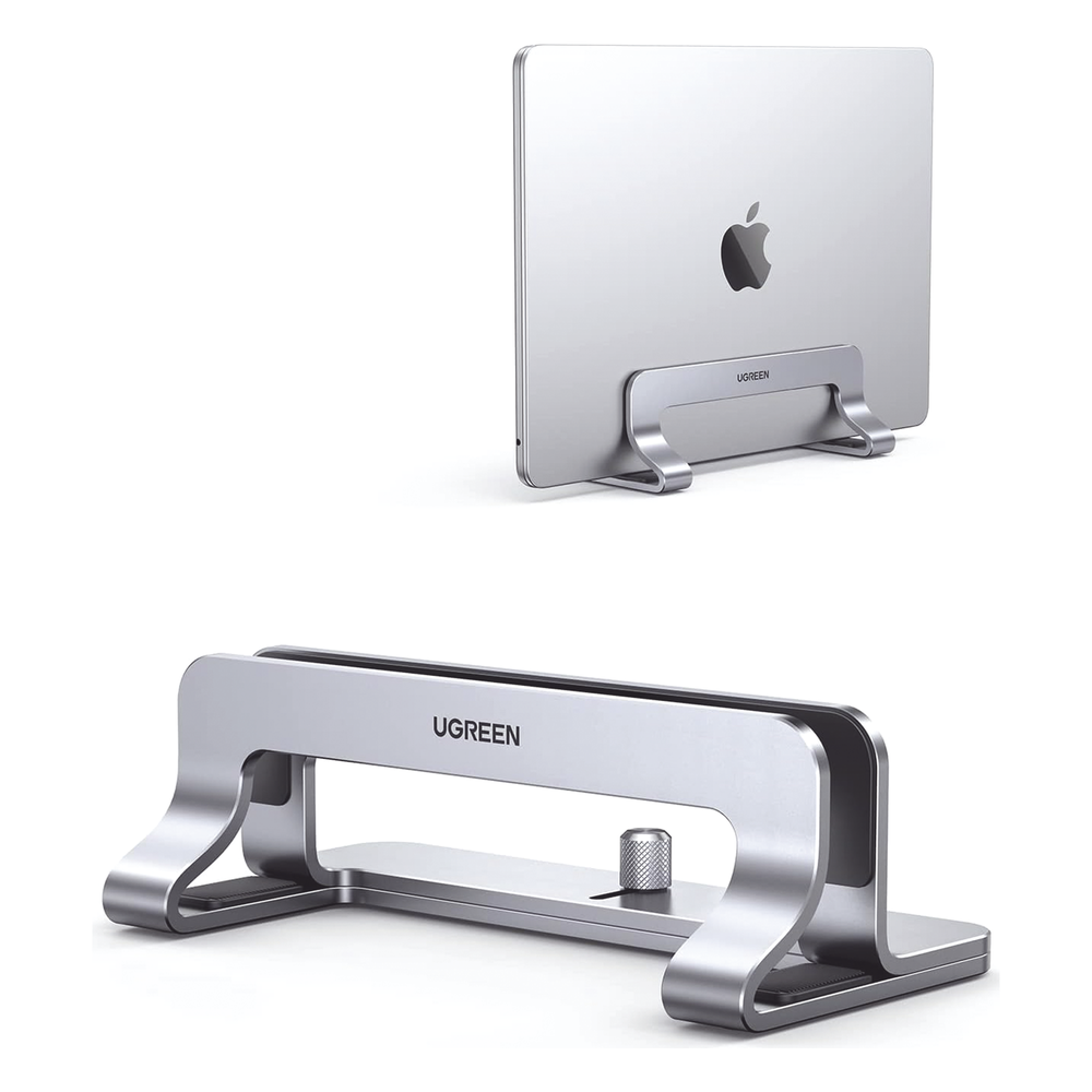 Soporte Vertical para Laptop / Adecuado para escritorio / Anchura Ajustable (12-26mm) / Amplia compatibilidad / Anti-Arañazos / Anti-Deslizante /Ajustable Mediante Tornillos / Color Plata / Aluminio + Silicona