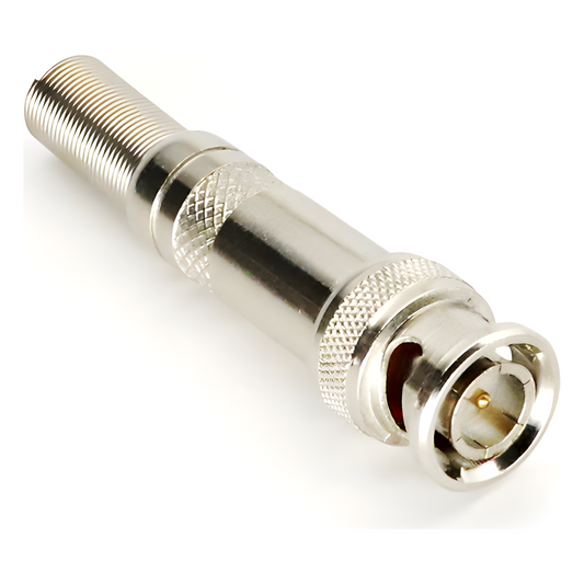 Conector BNC macho de 75 Ohm, con base de resorte para montar a presión cable coaxial RG-59/ Níquel/ Oro/ Teflón.