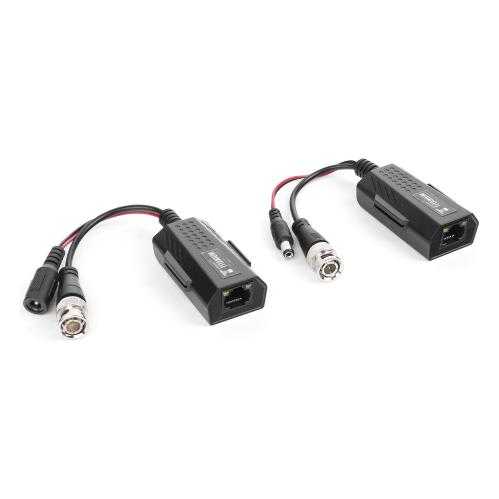Kit de transceptores activos con conector para alimentación (12V/24Vcc/AC) TurboHD para aplicaciones de video por UTP Cat5e/6 en HD. Distancia de hasta 150 m en 4K