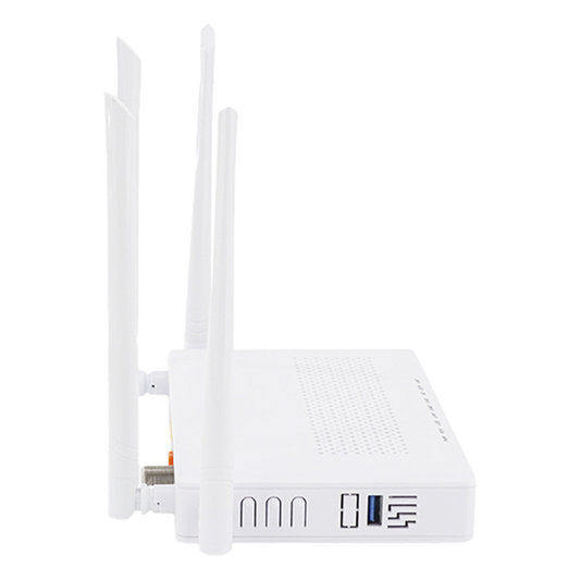 ONU Dual GPON/EPON / Wi-Fi Doble Banda 2.4 y 5 GHz / Soporta MESH / 2 Puertos Gigabit / 1 Puerto PON SC/APC / 1 puerto CATV / Hasta 1200 Mbps vía Wi-Fi