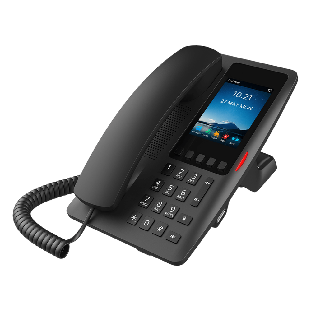 Teléfono IP Hotelero Wi-Fi 6 / Pantalla IPS 3.5" 320x480 / 2 Líneas SIP / 5 Teclas Programables / Puerto USB-A / PoE 802.3af / Audio HD / Diseño Negro