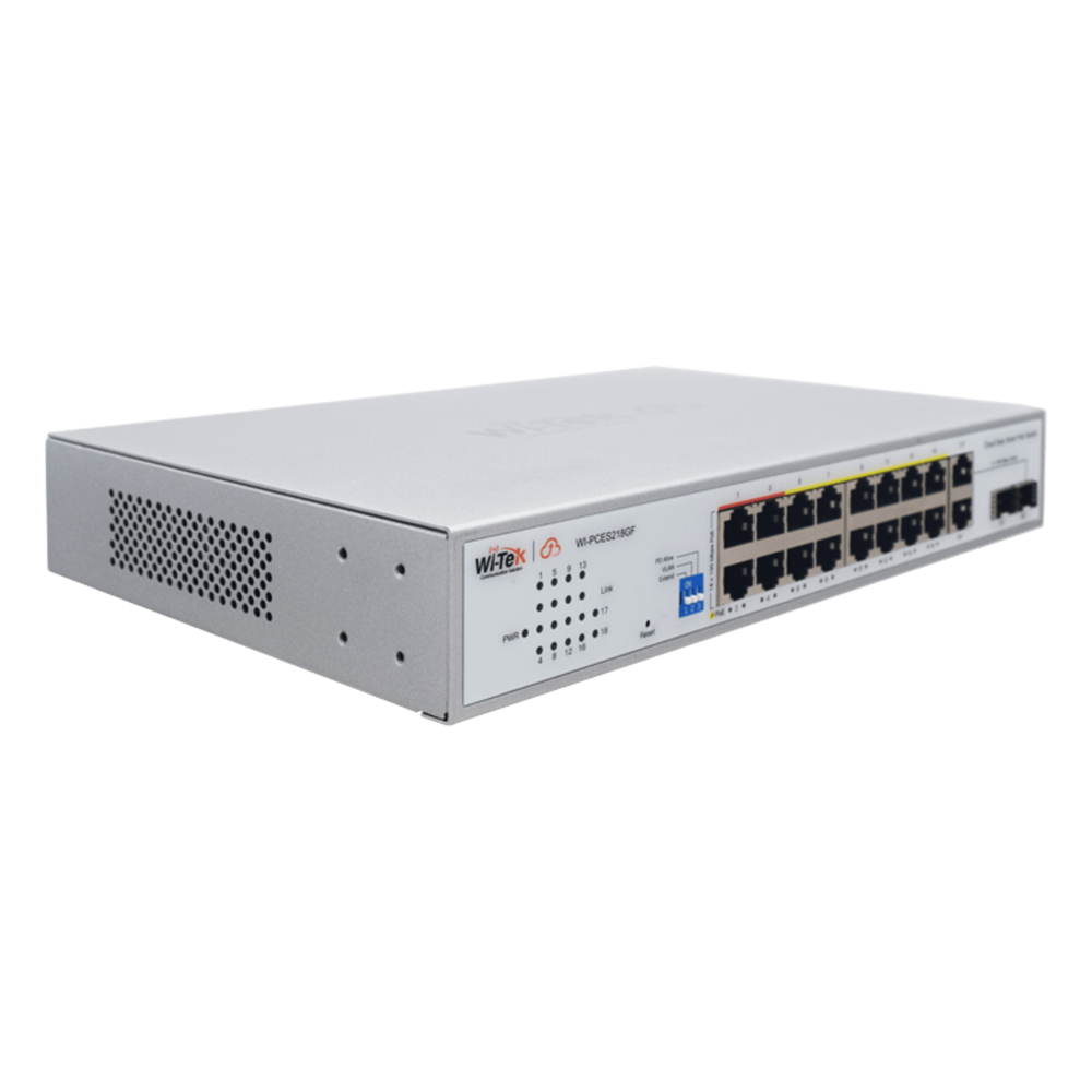 Switch PoE / Administración en la nube / Con 16 puertos 10/100 Mbps PoE af/at (Puertos 1-4: bt 90W) / 2 Puertos Uplink 10/100/1000 Mbps / 1 Puerto SFP Gigabit / Presupuesto 250 W / PoE hasta 250 metros / Soporta protocolo ONVIF