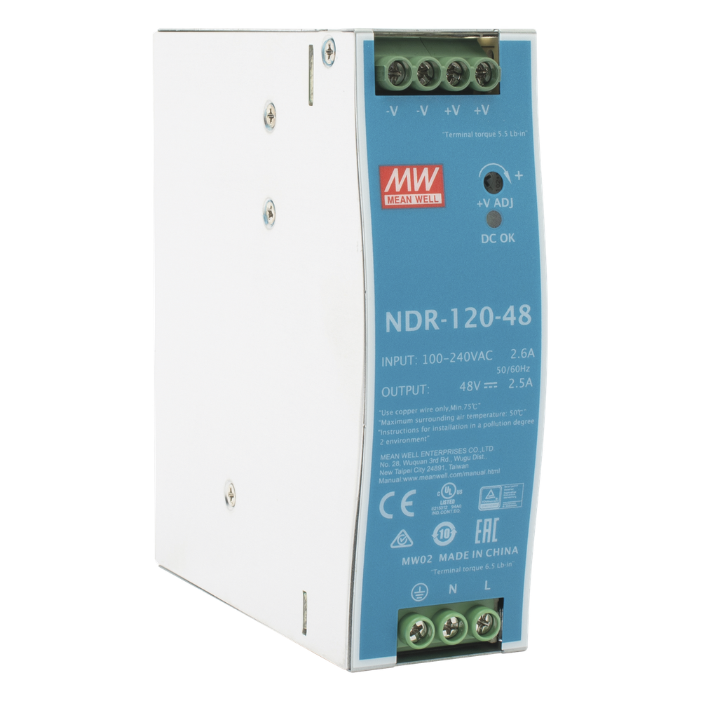 Fuente de poder industrial de 120 W, salida 48 Vcc, entrada 90~264 VCA, para montaje en riel DIN,