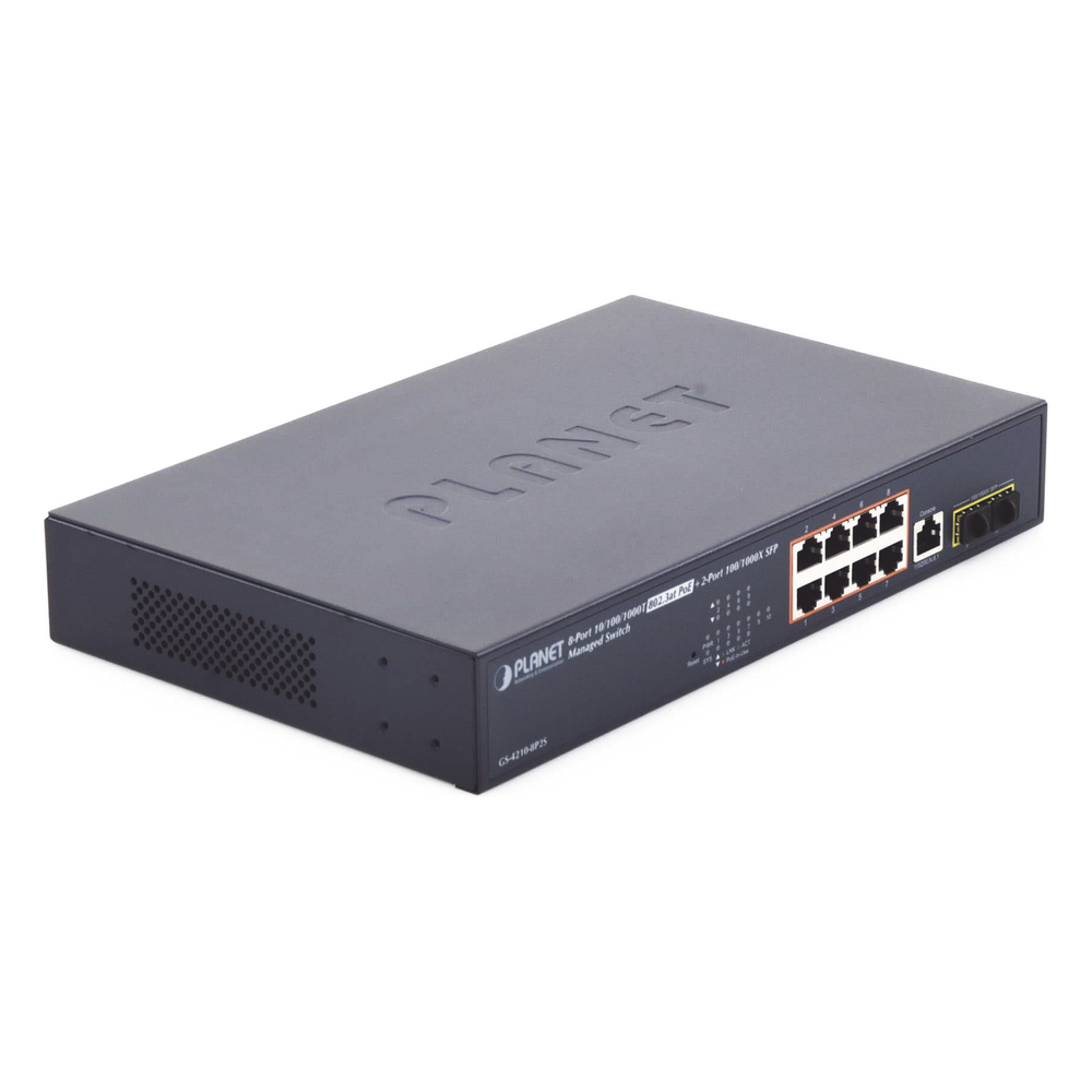 Switch Administrable Capa 2, 8 Puertos PoE 802.3af/at Gigabit, 140 W Max, 2 Puertos SFP, Modo Extendido Hasta 250 m, Soporta Administración en Nube CloudNMS ( HW Rev. 3.0 en Adelante).