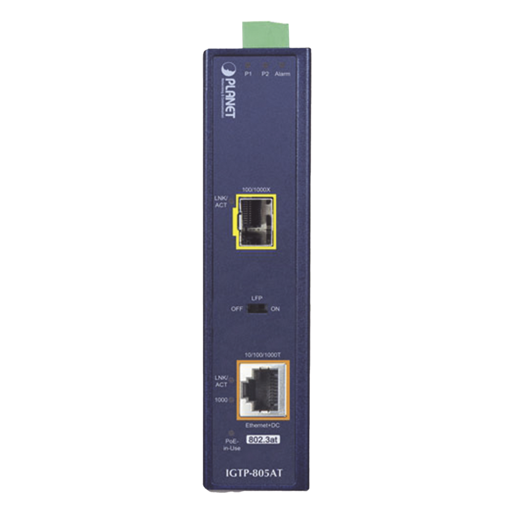 Convertidor de Medios PoE Industrial, Puerto SFP 1000BASE-SX/LX a Puerto RJ45 Gigabit con Salida PoE 802.3at (Hasta 30 W).
