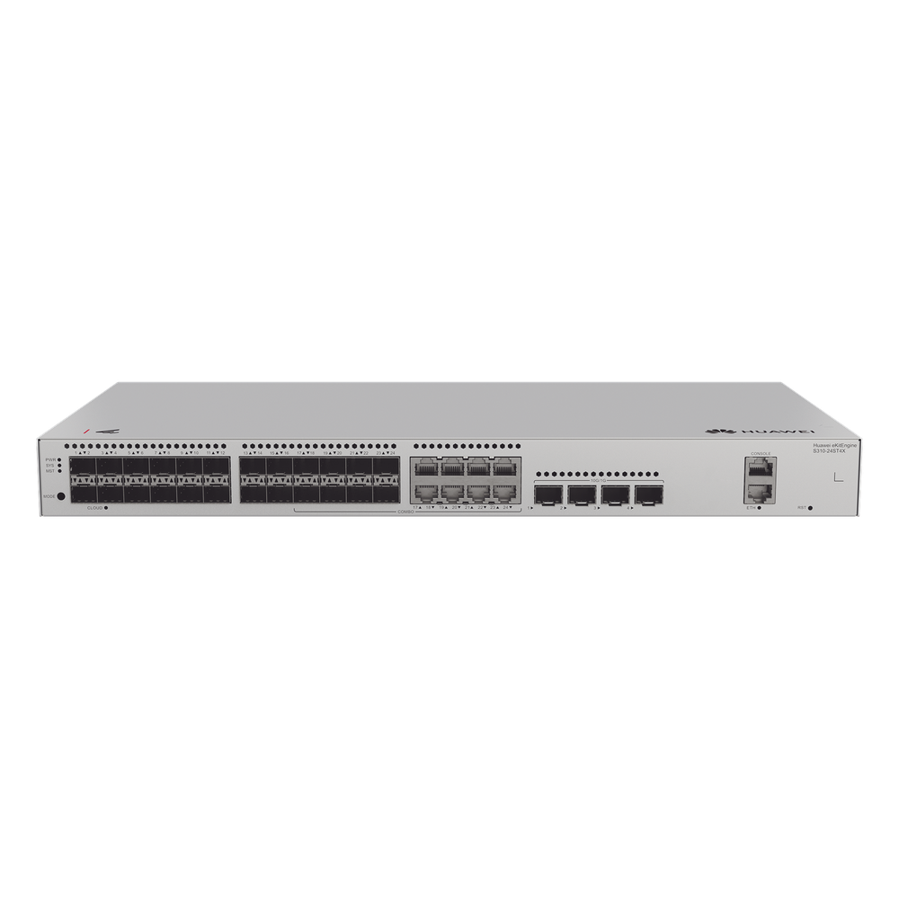 Switch de Distribución/Core Gigabit Administrable  Capa 3 / 24 puertos 1GE SFP ( Combo con 8 Puertos 10/100/1000 Mbps) / 4 Puertos 10GE SFP+ Uplink / ERPS / Rutas Estáticas / iStack / Administración Nube Gratis