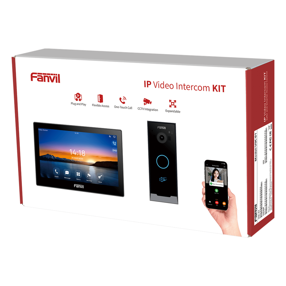 Kit Videoportero IP / Estación Interior i504W + Frente de Calle i60 / Pantalla Táctil 7" HD / Videollamadas H.264/H.265 / Wi-Fi Dual Band / PoE / App Fanvil Link / ONVIF / 10,000 Tarjetas RFID