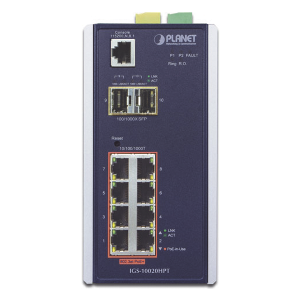 Switch Industrial Administrable Capa 2, 8 puertos PoE Gigabit 802.3af/at, 2 Puertos SFP de 1 / 2.5 Gigabit, Entrada de Voltaje Secundaria para Fuente Redundante