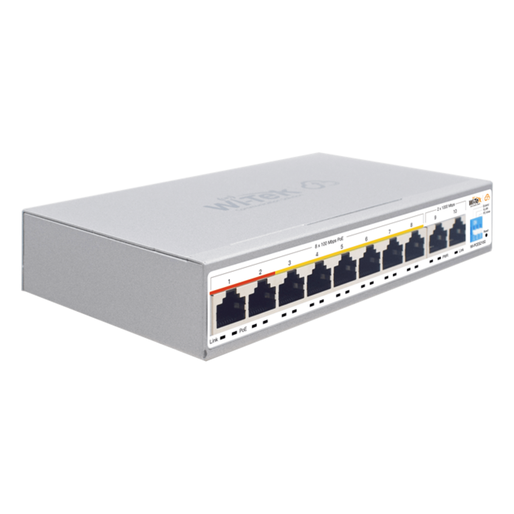 Switch PoE / Administración en la nube / Con 8 puertos 10/100 Mbps PoE af/at / 2 Puertos Uplink 10/100/1000 Mbps / Presupuesto 100 W / PoE hasta 250 metros / Soporta protocolo ONVIF