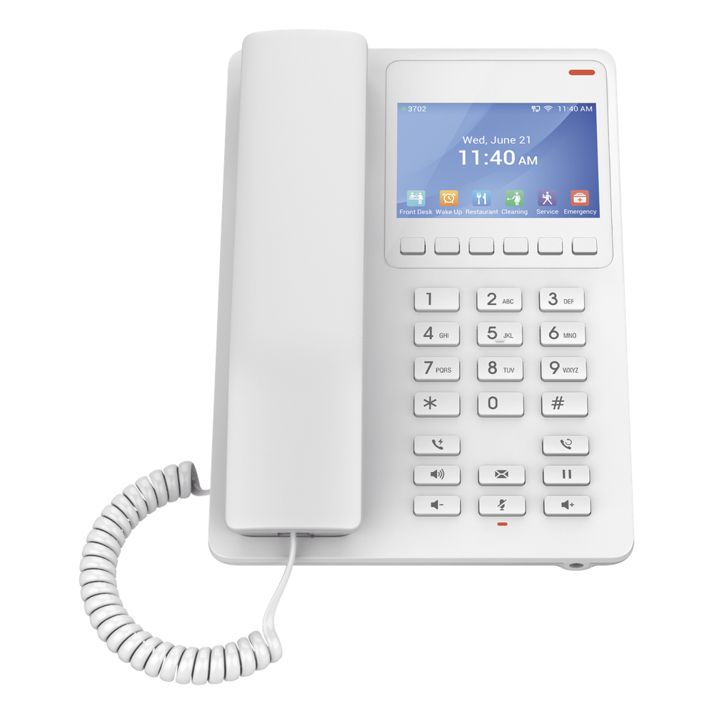 Teléfono IP WiFi Hotelero con pantalla LCD a color, 2 líneas SIP con 2 cuentas, codec Opus, IPV4/IPV6, color blanco, con gestión en la nube GDMS