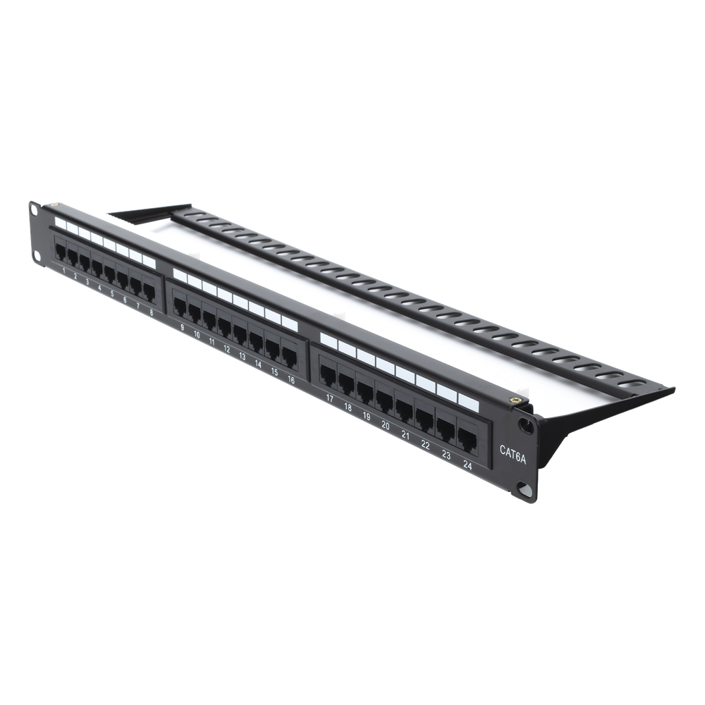 Panel de Parcheo de Impacto (110) UTP de 24 Puertos Cat6A, 19 Pulgadas (48.26 cm), con Barra para Organizar Cables y Espacio para Etiqueta