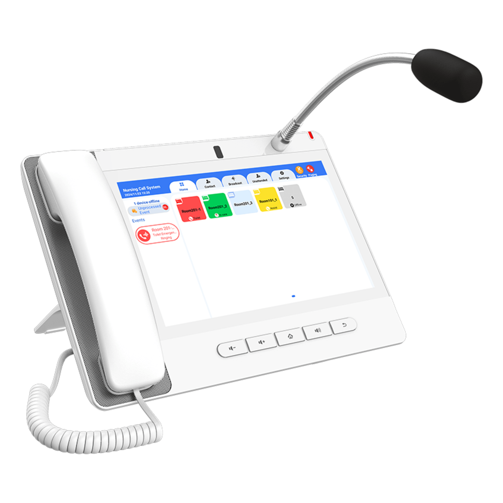 Teléfono IP Color Blanco Android 9.0 Empresarial para voceo 20 líneas SIP, pantalla táctil, Wi-Fi y Bluetooth, PoE, Voceo/ Musica por Multicast, puertos Gigabit, Sofware de Enfermeria