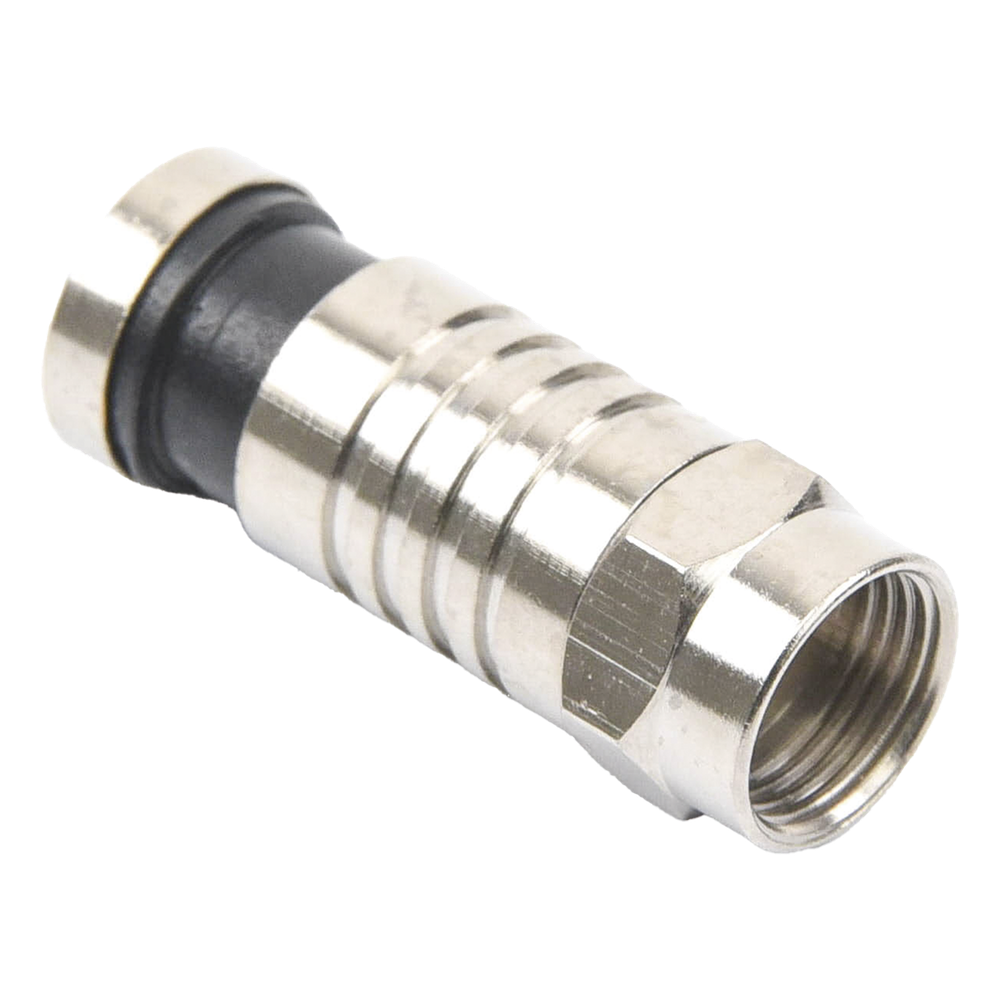 Conector F Macho de Compresión para cable RG-6, Cuerpo de Bronce Niquelado.