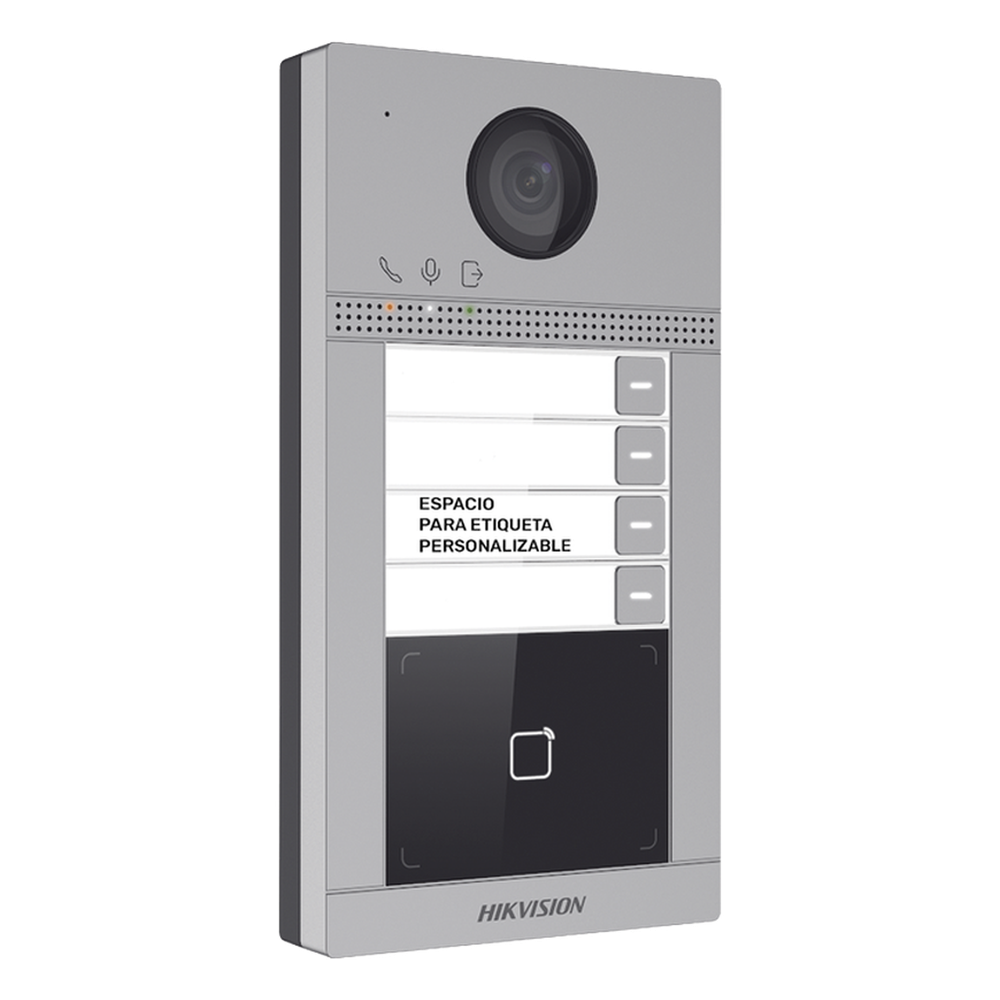 Videoportero IP 2 Megapixel / Llamada y Apertura Remota desde App Hik-Connect (Requiere monitor )/ PoE / Exterior IP65 + Antivandalico IK08 / 4 Departamento / Apertura con Tarjeta / Soporta 2 Puertas y hasta 6 Monitores