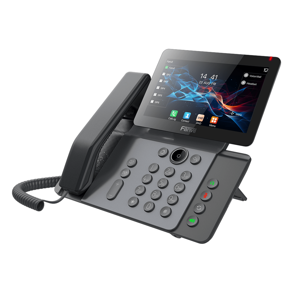 Teléfono IP Empresarial V66 Prime, Pantalla Táctil Color 7 Pulgadas, Audio HD Opus, Video 1080p, Wi-Fi 6, Bluetooth 5.4, 20 Líneas SIP, 6-Way Conference, PoE, Material Antibacterial