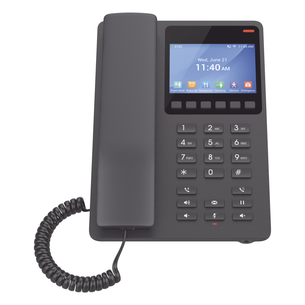 Teléfono IP Hotelero con pantalla LCD a color, 2 líneas SIP con 2 cuentas, codec Opus, IPV4/IPV6, color negro, con gestión en la nube GDMS