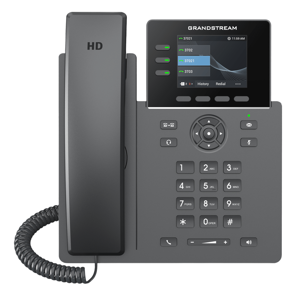 Teléfono IP Grado Operador / 3 Líneas / 12 Botones Virtuales Multiuso / Pantalla LCD 2.8 Pulgadas / Puertos Gigabit con PoE / Audio HD / Compatible con GDMS
