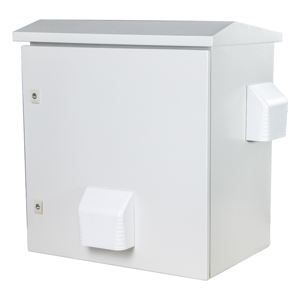 Gabinete Ventilado de Acero IP55 Uso en Exterior (593 x 609 x 399 mm) con Placa Trasera Interior Metálica y Compuerta Inferior Atornillable. Incluye Ventilador, Ventilas, filtros, Montaje Rack 19", Terminal de Tierra Física, Chapas y Ll