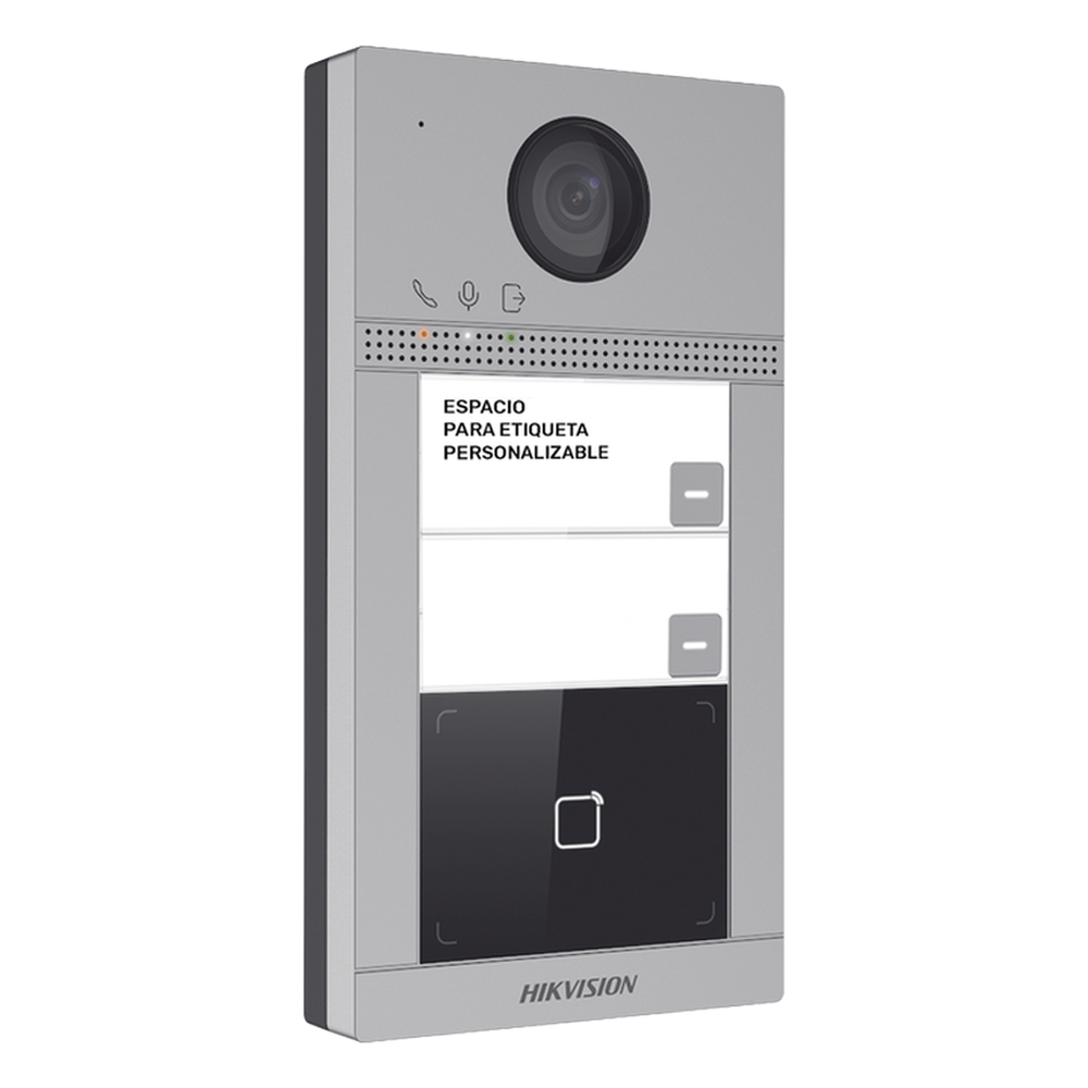 Videoportero IP 2 Megapixel / Llamada y Apertura Remota desde App Hik-Connect (requiere monitor) / PoE / Exterior IP65 + Antivandalico IK08 / 2 Departamentos / Apertura con Tarjeta / Soporta 2 Puertas y hasta 6 Monitores
