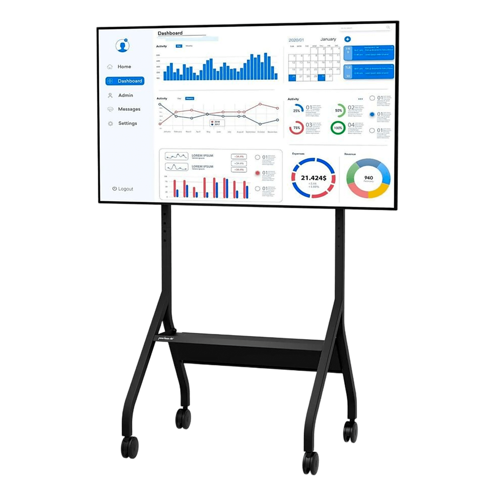 Carro Móvil para Pantalla Plana / 43" a 75"+ Displays / Altura Ajustable 49.8"-65.8" (126.5-167.1 cm) / Capacidad 150 lb (68 kg) / 4 Ruedas Dobles 4" (102 mm) / Gestión de Cableado Interno / Estructura Tubular / Incl