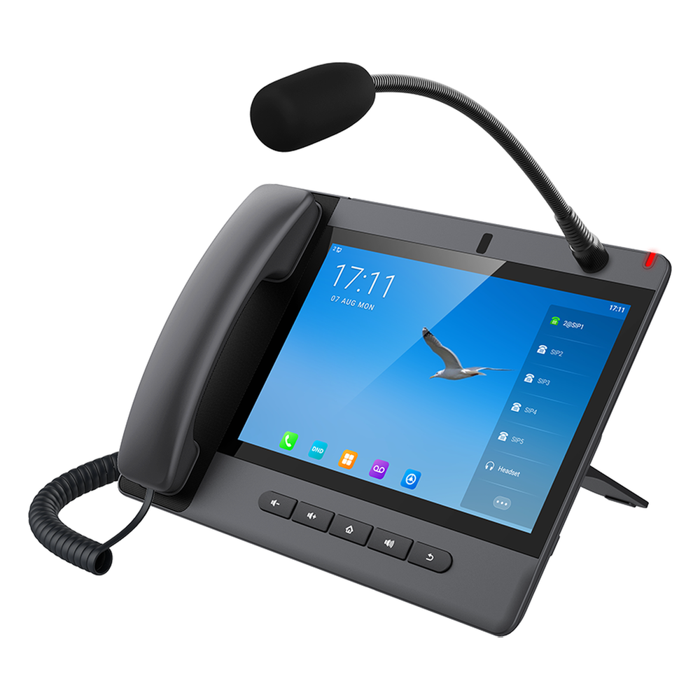 Teléfono IP Android 9.0 Empresarial para voceo 20 líneas SIP, pantalla táctil, Wi-Fi y Bluetooth, PoE, Voceo/ Musica por Multicast, puertos Gigabit, soporta recepción de video.