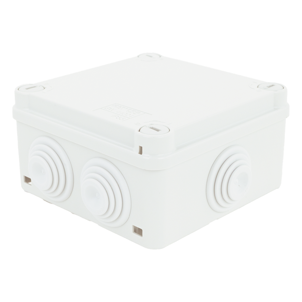 Caja Estanca de PVC Para Derivación y Conexión, 6 Entradas, Tapa con Tornillo de 1/4" de Vuelta, 100x100x50 mm (Área Interna), Uso Exterior IP55, Material que no Propaga el Fuego y Libre de Hálogenos