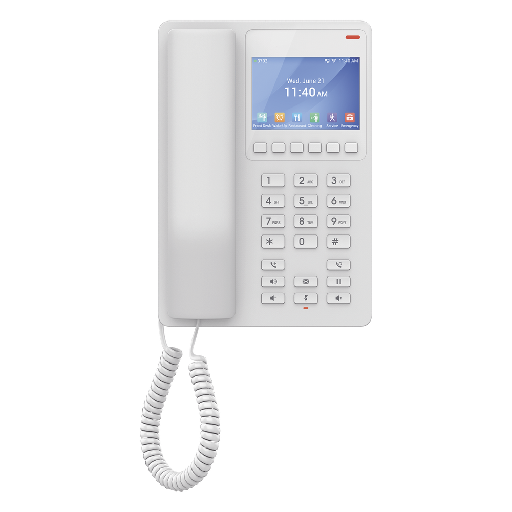 Teléfono IP WiFi Hotelero con pantalla LCD a color, 2 líneas SIP con 2 cuentas, codec Opus, IPV4/IPV6, color blanco, con gestión en la nube GDMS