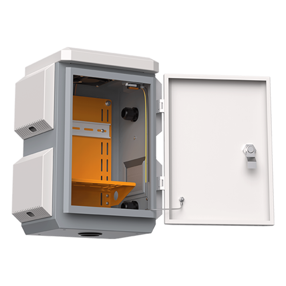 Gabinete de Acero Ventilado para Exterior 180 x 340 x 160 mm con Rieles DIN y 4 Placas Laterales para Montaje de Equipos por Fuera