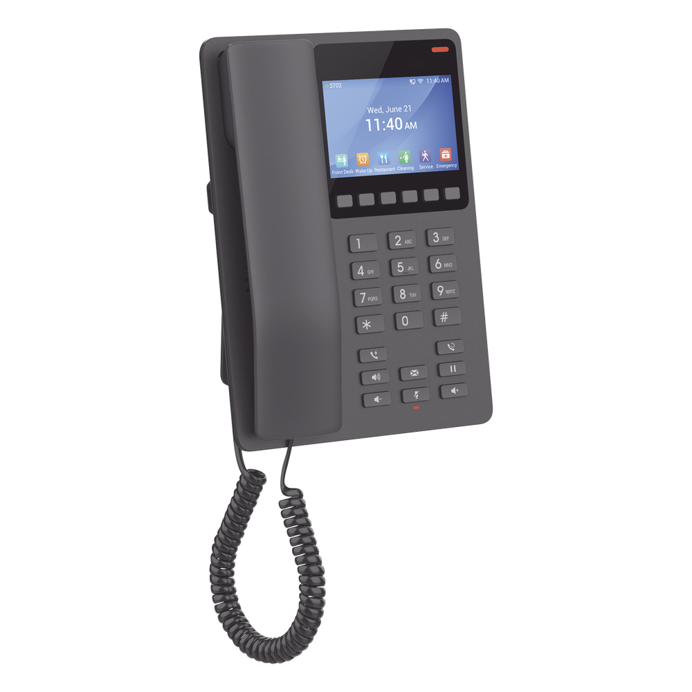 Teléfono IP WiFi Hotelero con pantalla LCD a color, 2 líneas SIP con 2 cuentas, codec Opus, IPV4/IPV6, color negro, con gestión en la nube GDMS