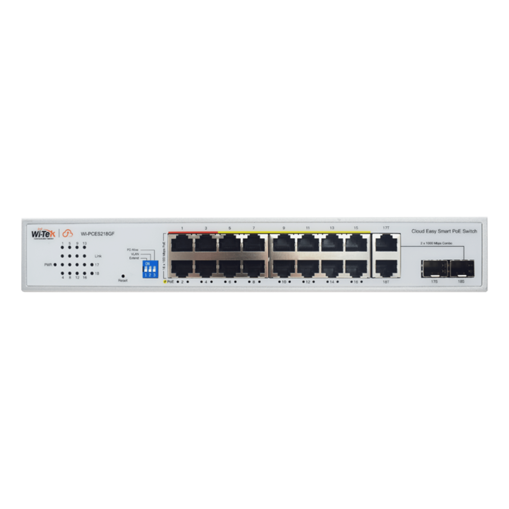 Switch PoE / Administración en la nube / Con 16 puertos 10/100 Mbps PoE af/at (Puertos 1-4: bt 90W) / 2 Puertos Uplink 10/100/1000 Mbps / 1 Puerto SFP Gigabit / Presupuesto 250 W / PoE hasta 250 metros / Soporta protocolo ONVIF