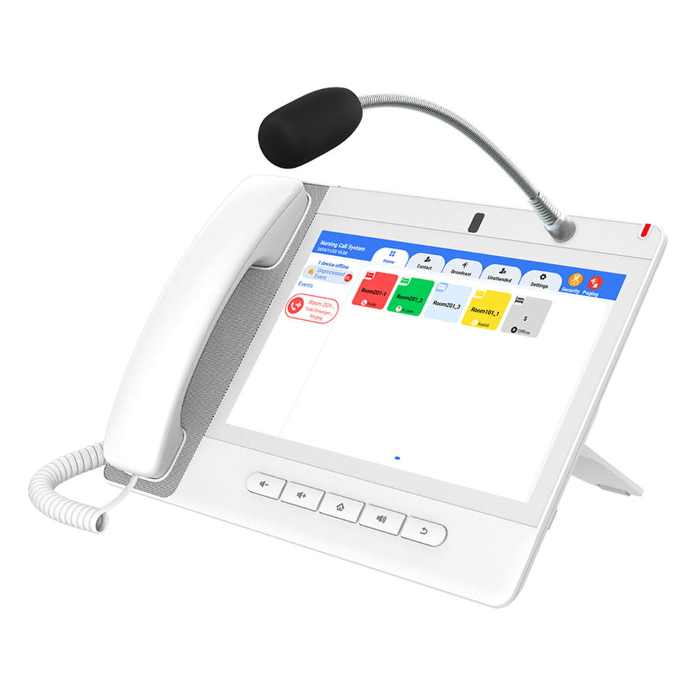 Teléfono IP Color Blanco Android 9.0 Empresarial para voceo 20 líneas SIP, pantalla táctil, Wi-Fi y Bluetooth, PoE, Voceo/ Musica por Multicast, puertos Gigabit, Sofware de Enfermeria
