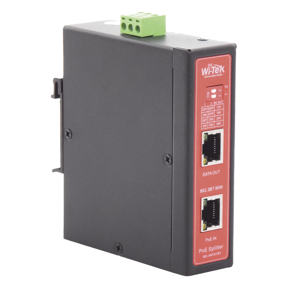 Splitter PoE IN hasta 90 W / Salida DC 12v/16V/24v o 48V / Carcasa metálica / Industrial soporte para riel DIN / Aplicaciones CCTV