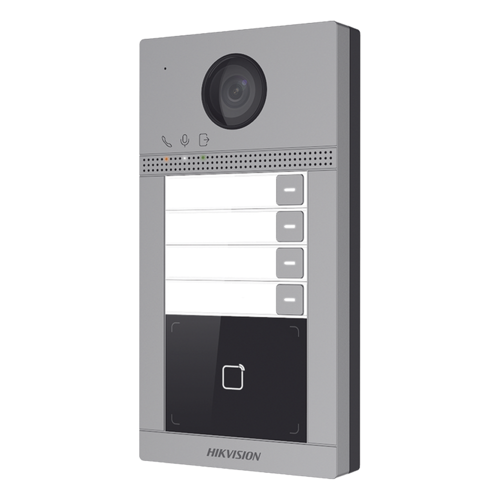Videoportero IP 2 Megapixel / Llamada y Apertura Remota desde App Hik-Connect (Requiere monitor )/ PoE / Exterior IP65 + Antivandalico IK08 / 4 Departamento / Apertura con Tarjeta / Soporta 2 Puertas y hasta 6 Monitores