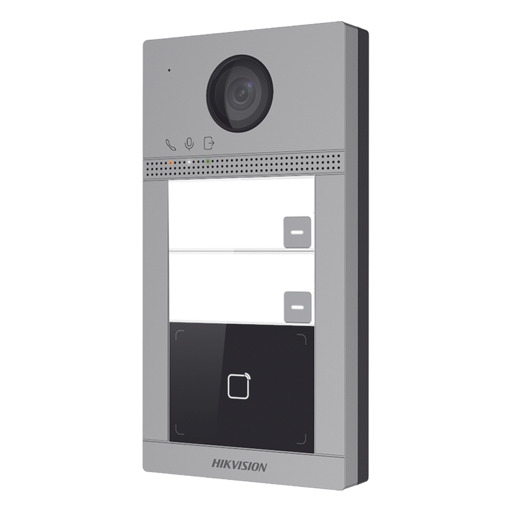 Videoportero IP 2 Megapixel / Llamada y Apertura Remota desde App Hik-Connect (requiere monitor) / PoE / Exterior IP65 + Antivandalico IK08 / 2 Departamentos / Apertura con Tarjeta / Soporta 2 Puertas y hasta 6 Monitores
