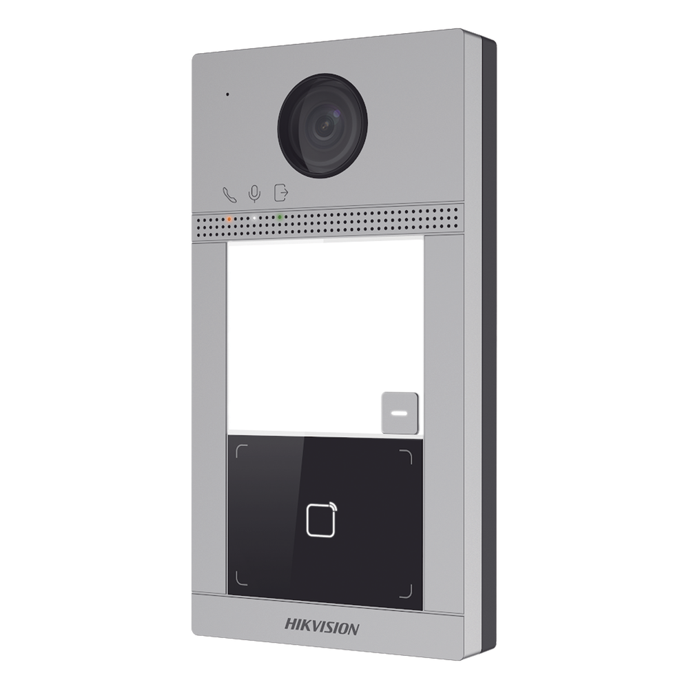 Videoportero IP 2 Megapixel / Llamada y Apertura Remota desde App Hik-Connect / PoE / Exterior IP65 + Antivandalico IK08 / 1 Departamento / Apertura con Tarjeta / Soporta 2 Puertas y hasta 6 Monitores